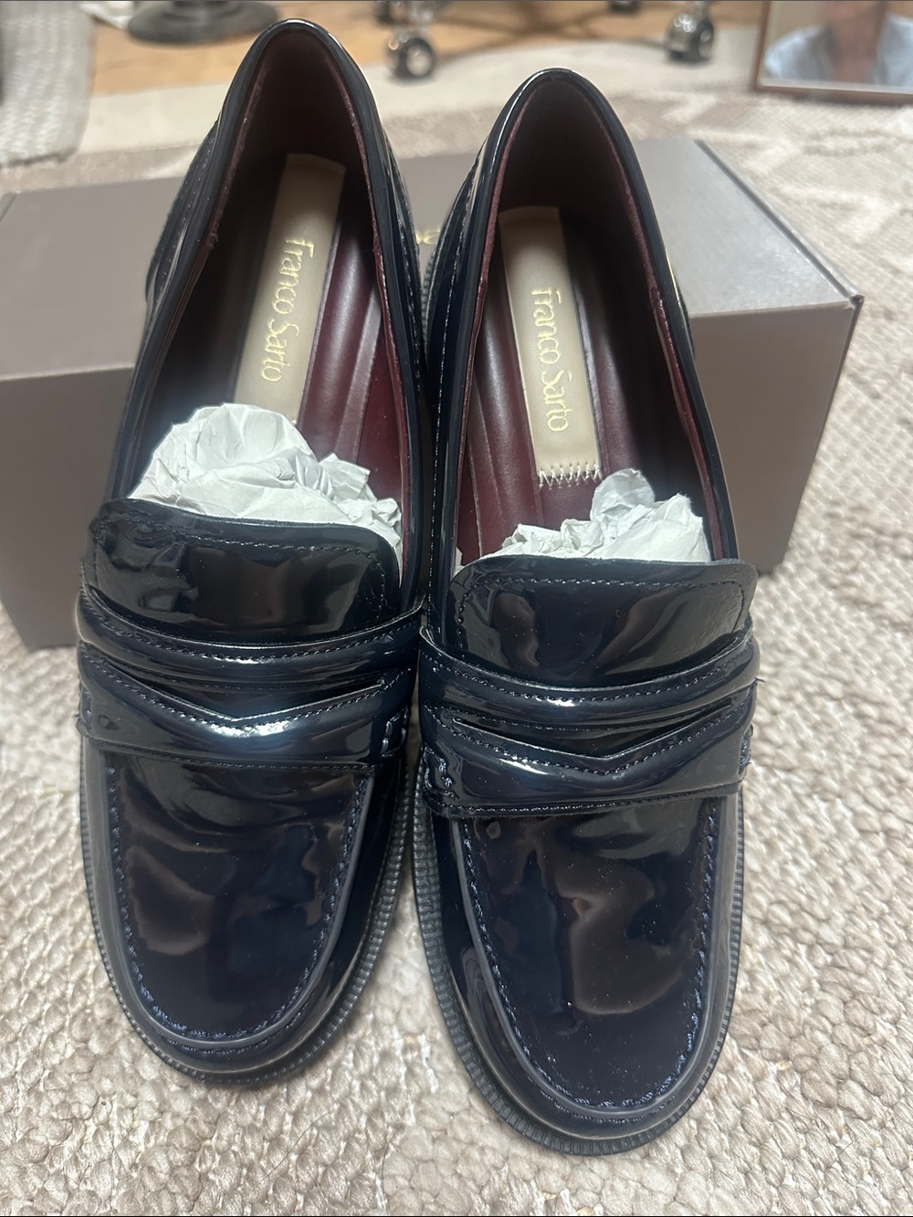 Franco Sarto Glossy Navy Penny Loafers - Picture 2 of 8